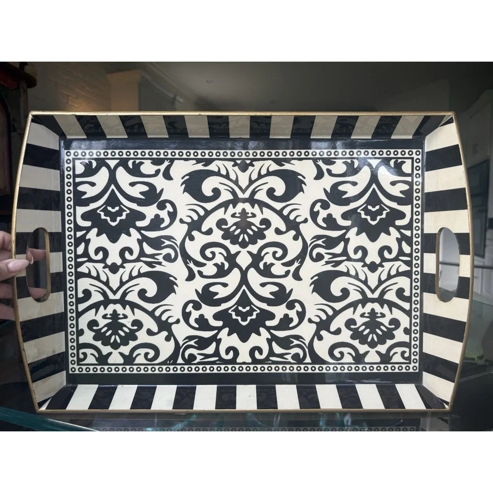Michel Design Works Black Cream Damask Serving Tray Striped‎ Handles 20
